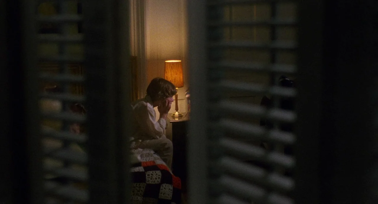 City of the Living Dead (1980) movie still: medium — A dimly lit room seen through partially closed wooden shutter blinds. A child sits on the edge…