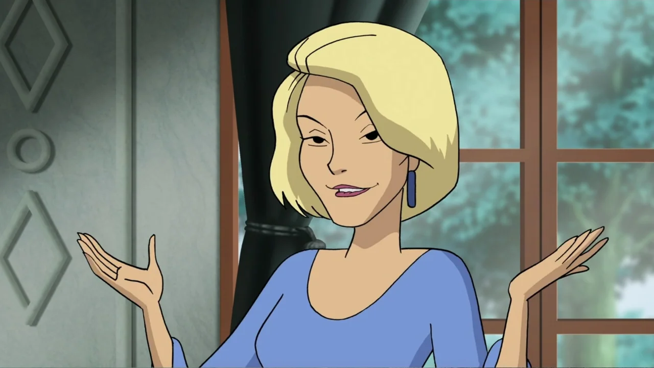 Scooby-Doo! Return to Zombie Island (2019) movie still: medium — A light-colored wall with geometric diamond-patterned trim stands behind a woman.…