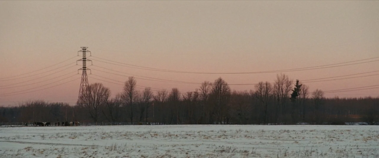 For Ellen (2012) movie still: establishing — A snow-covered field stretches toward a line of bare trees under a pale sunset. A tall metal power…