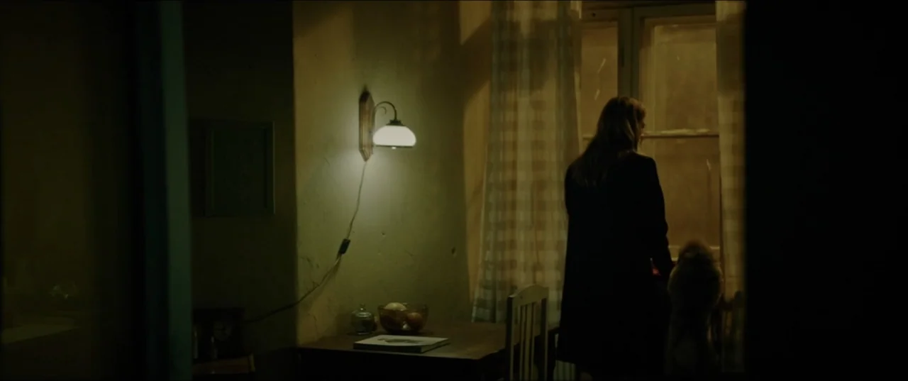 Dogs Don't Wear Pants (2019) movie still: medium — A dimly lit room contains a wooden table, a wall sconce, and a window. A woman stands by the…