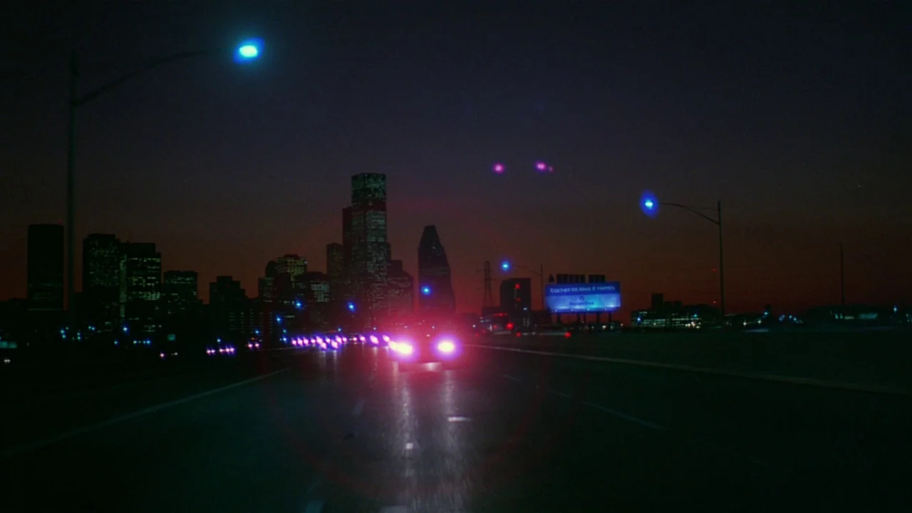 Paris, Texas (1984) movie still: establishing — A night view of a highway leading towards a dense urban skyline. Distant skyscrapers are visible…