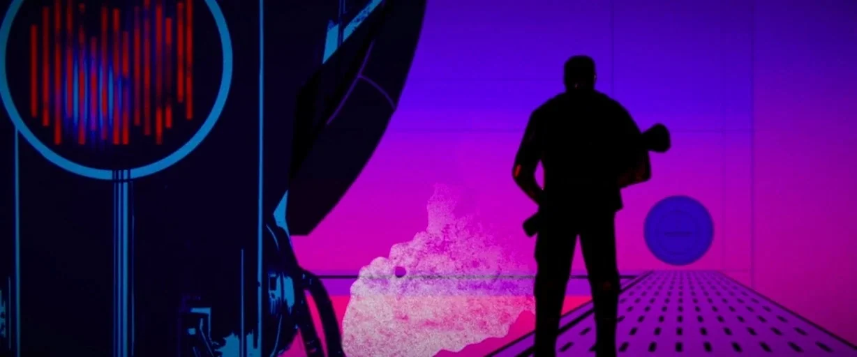 Archenemy (2020) movie still: wide — A stark minimalist space rendered in vibrant purple and magenta neon light gradients. A lone dark silhouette…