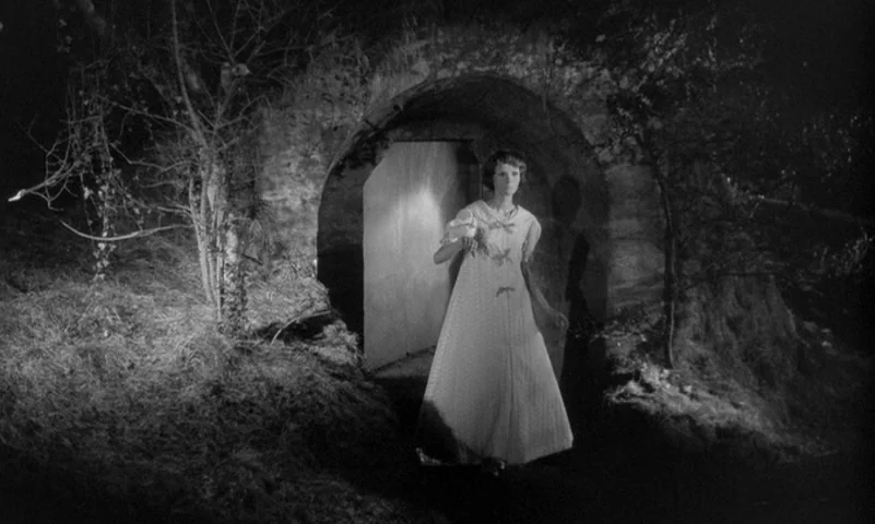 Eyes Without A Face (1960) movie still: fullbody — A dark, wooded clearing at night features a large, partially submerged stone arched entrance. A…