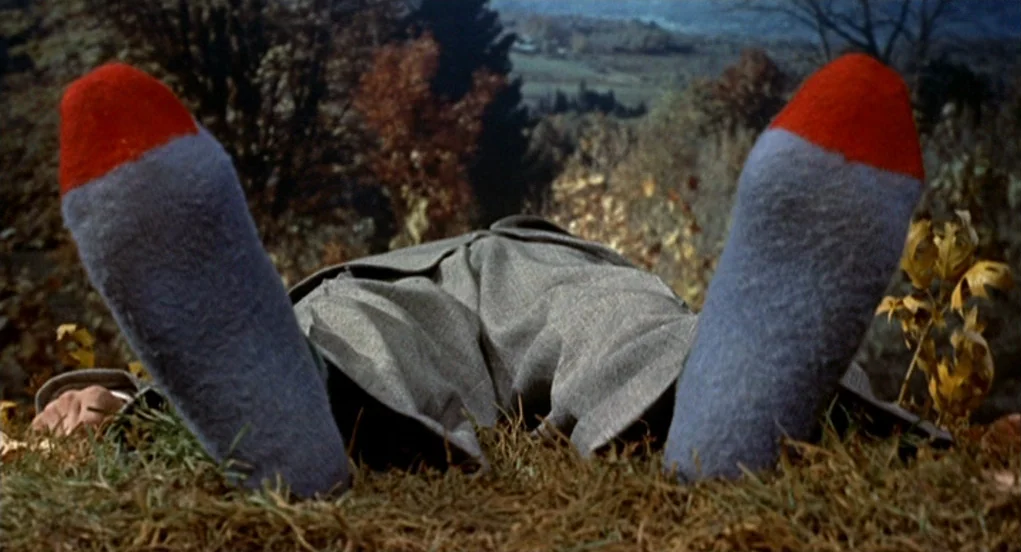 The Trouble With Harry (1955) movie still: closeup — A person lies on a grassy hillside covered in autumn foliage and dead leaves. Their legs extend…
