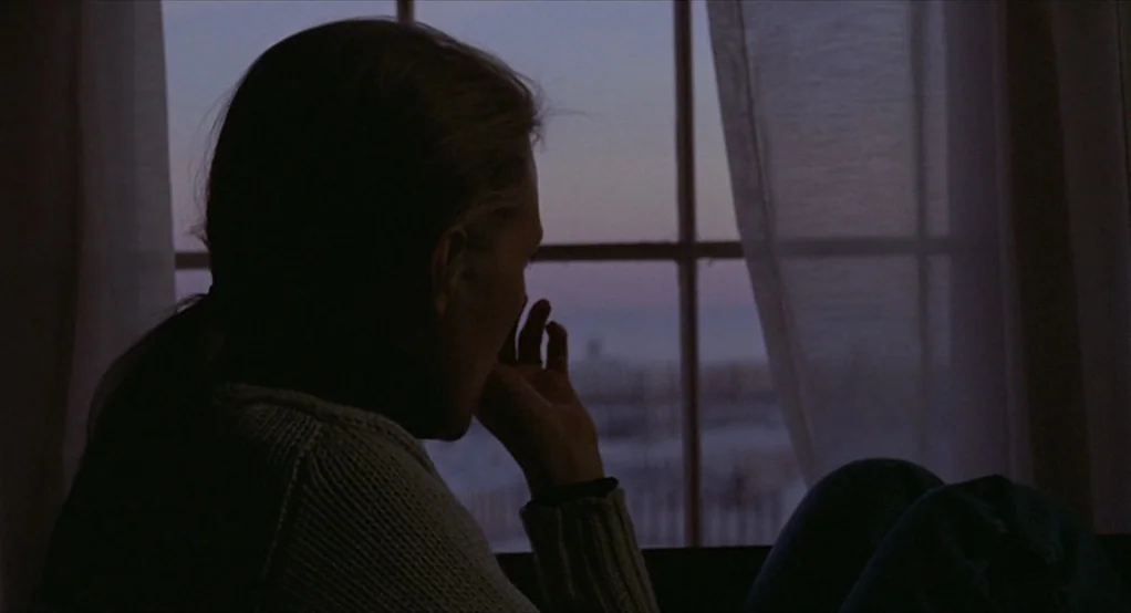 Puzzle of a Downfall Child (1970) movie still: medium — A dark interior room with sheer curtains framing a window view of a beach. A woman sits in…