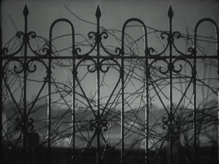 The Quiet Duel (1949) movie still: closeup — A close view of decorative iron railings covered in tangled, leafless winter vines. The fence stands…