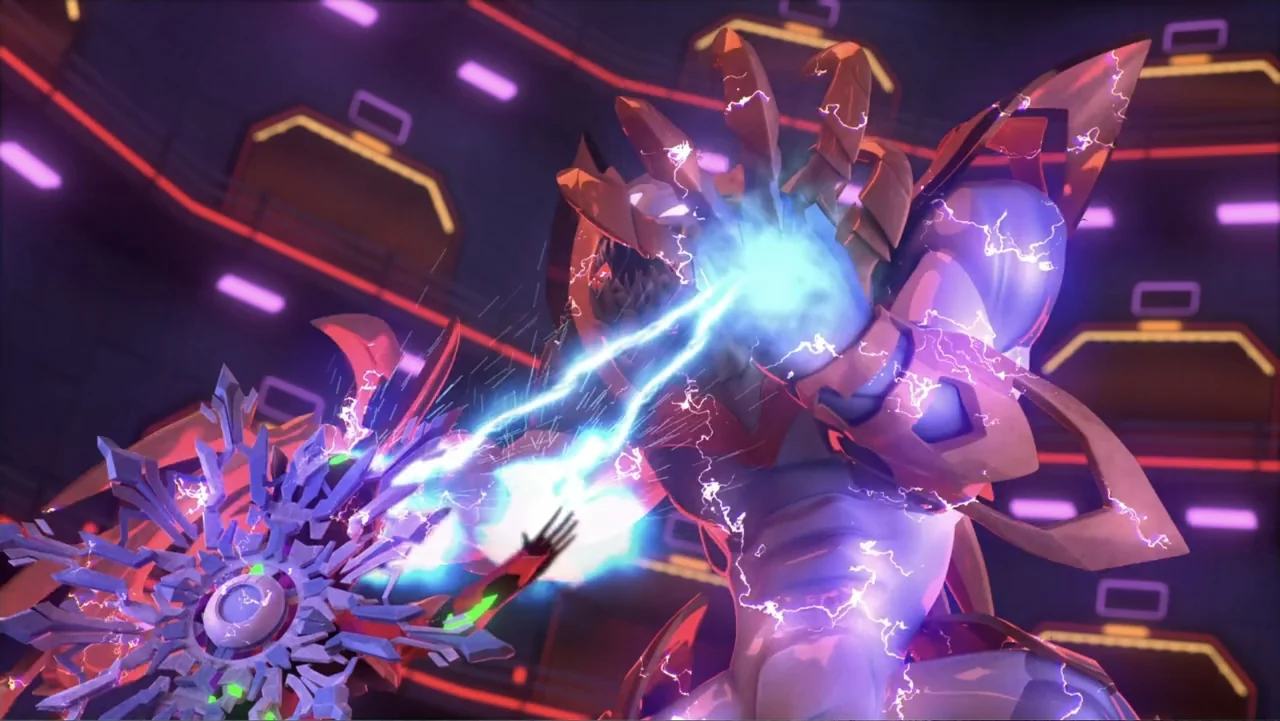 Max Steel: Turbo Warriors (2017) movie still: medium — A high-tech interior space with purple walls and neon red trim lines. A large armored figure…