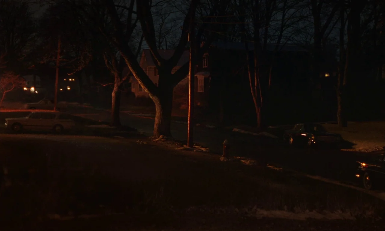 Eileen (2023) movie still: wide — A suburban street at night features bare trees, a fire hydrant, and parked vehicles. Dark silhouettes of houses…