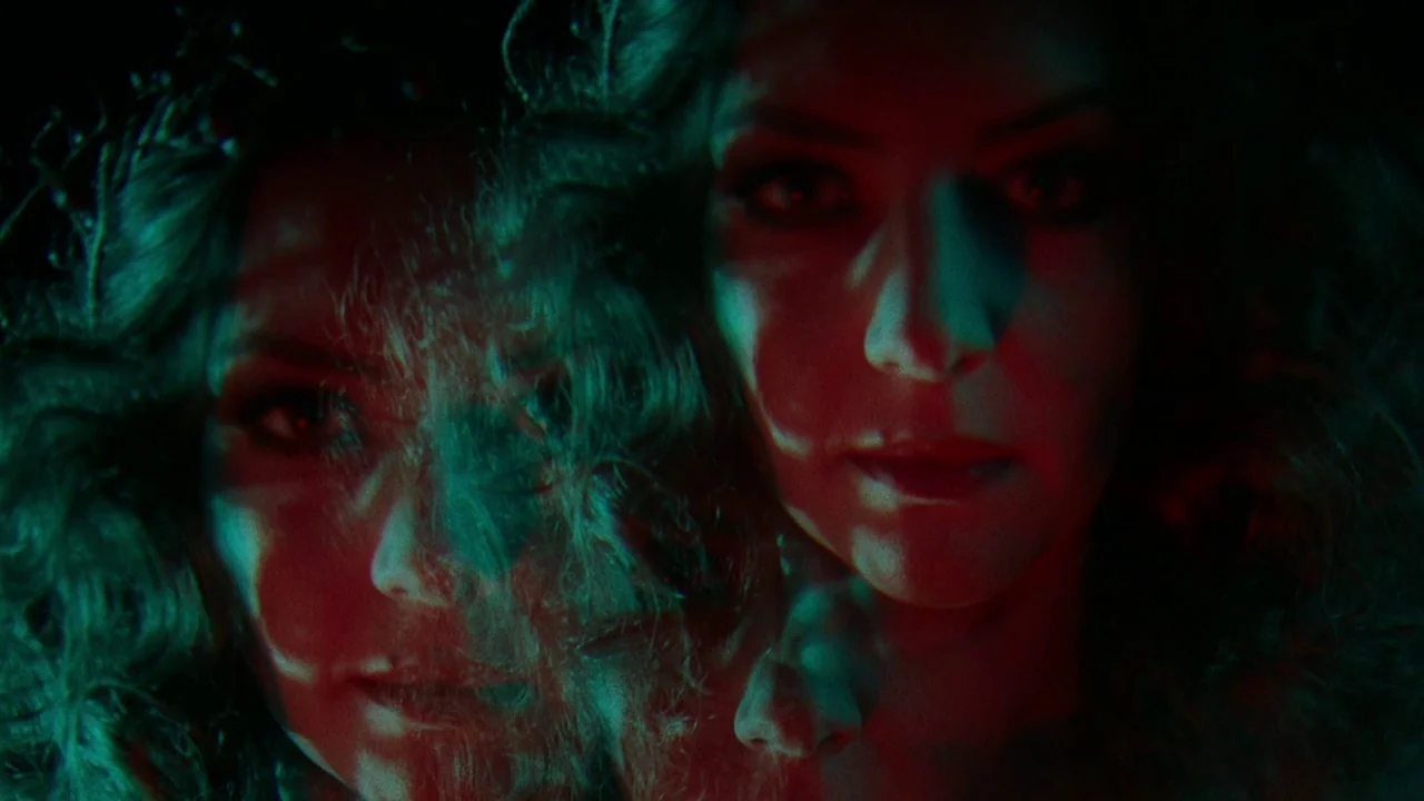 The Field Guide to Evil (2018) movie still: closeup — A dark, nondescript interior space surrounds a woman's face. Double exposure or projection…