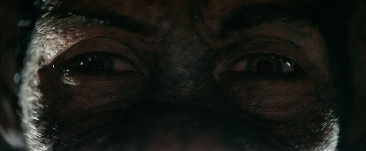 Better Man (2024) movie still: closeup — A dark, undifferentiated interior space obscures the background. A close-up view focuses on a pair of eyes…