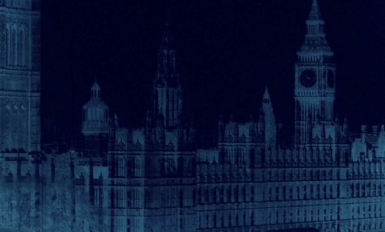 The Strange Case of Dr. Jekyll and Miss Osbourne (1981) movie still: establishing — The Houses of Parliament complex appears at night with intricate…