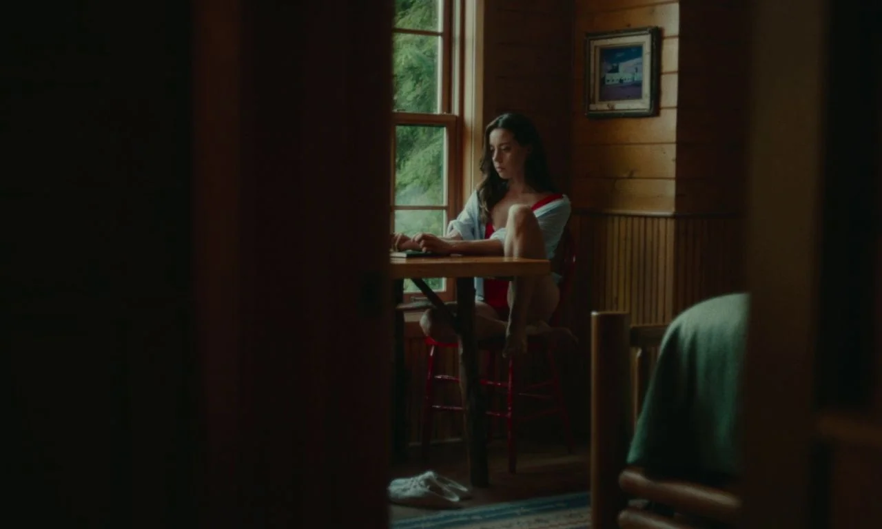 Black Bear (2020) movie still: medium — A wooden cabin room interior features horizontal pine paneling and a framed wall picture. A woman sits at a…