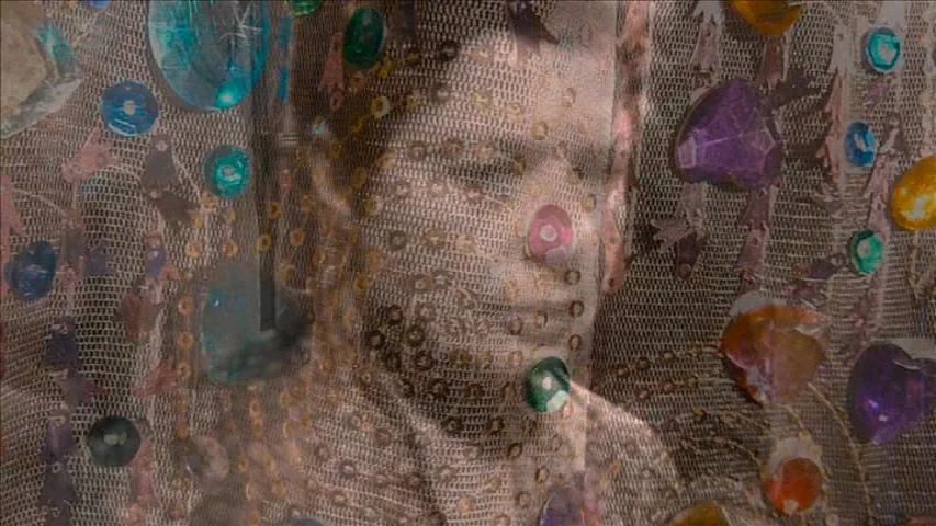 Keyhole (2011) movie still: closeup — A close portrait of a face viewed through a textured, heavily embellished mesh fabric. Sequins and faceted…