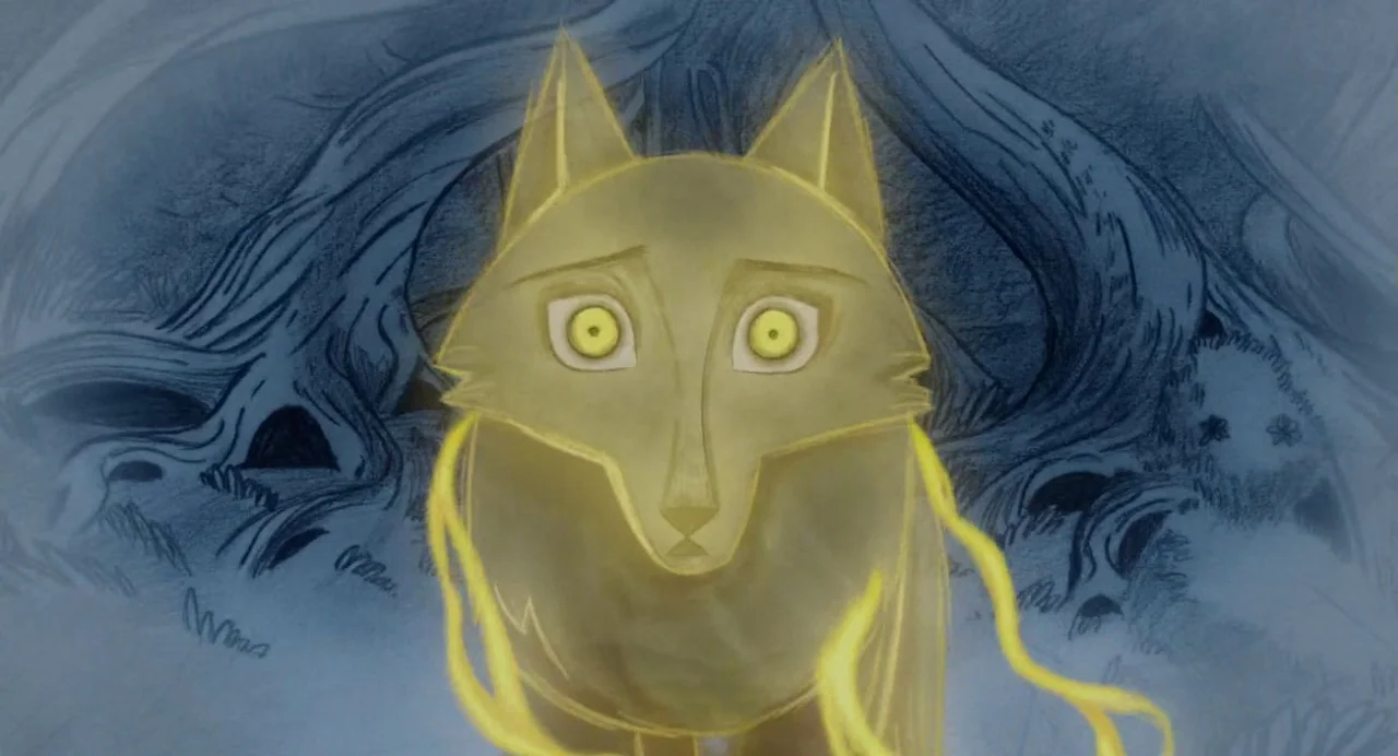 Wolfwalkers (2020) movie still: closeup — A stylized wolf composed of glowing yellow lines stands against a blue sketch background. The scene…