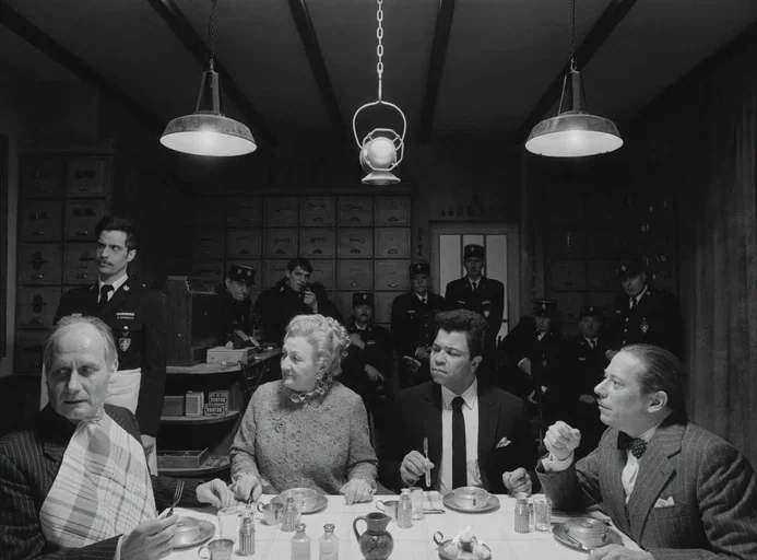 The French Dispatch (2021) movie still: wide — A dimly lit room with rows of wooden file drawers lining the back wall. Four people eat at a table…
