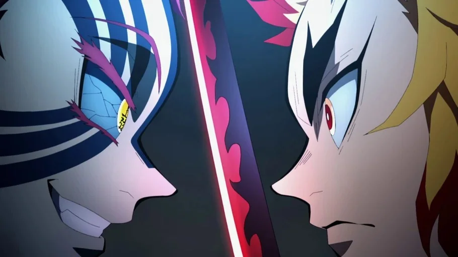 Demon Slayer: Kimetsu no Yaiba (2019) movie still: closeup — A dark, void-like environment separates two figures locked in a confrontational stare.…
