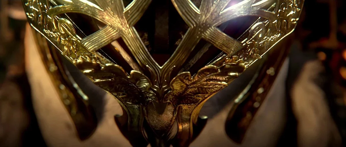 Legend of the Guardians: The Owls of Ga'Hoole (2010) movie still: closeup — A close-up view of an intricately detailed golden helmet with leaf-like…