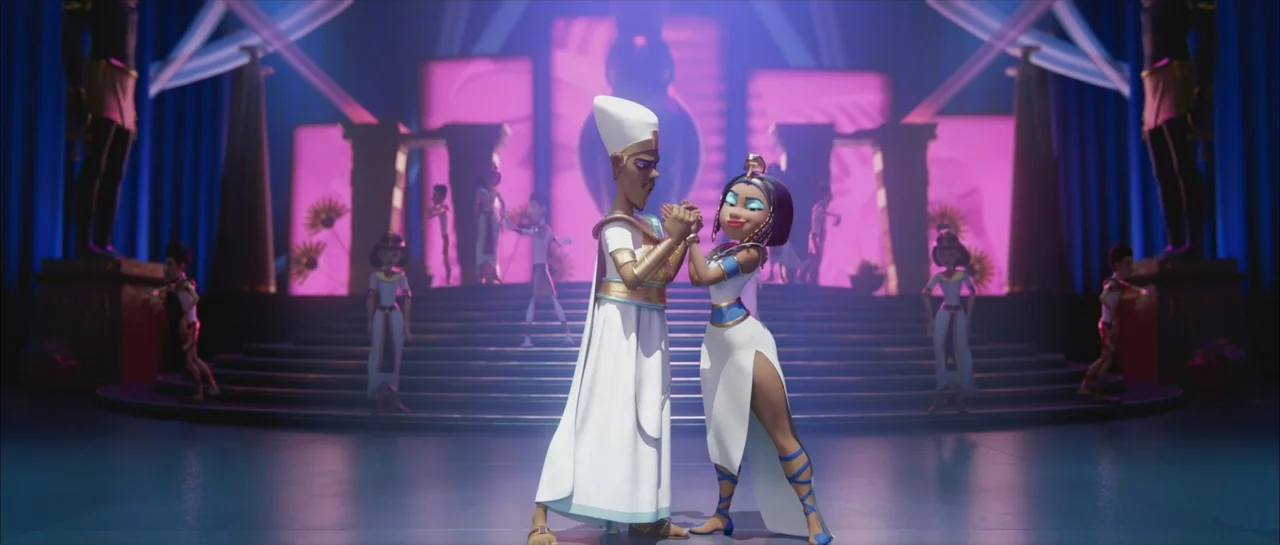 Mummies (2023) movie still: fullbody — An opulent stylized Egyptian palace interior features a grand staircase and decorative pillars. A pharaoh and…