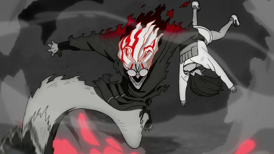Dan Da Dan: First Encounter (2024) movie still: medium — A grayscale void contains a jagged, dark figure with red hair and glowing features. A…