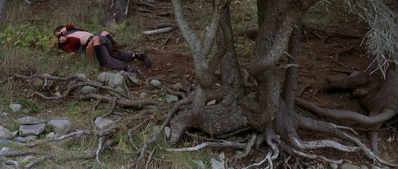 The Cider House Rules movie still: wide — A wooded area features exposed tree roots spreading across uneven dirt and stones. Two people lie close…