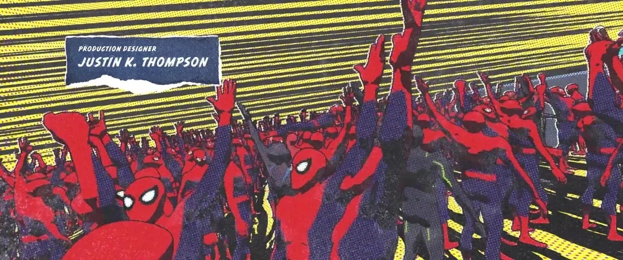 Spider-Man: Into the Spider-Verse (2018) movie still: wide — A dense crowd of identical Spider-Man figures stand against a yellow-striped halftone…