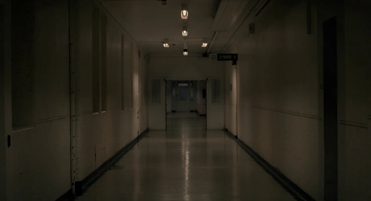 Berberian Sound Studio (2012) movie still: establishing — An empty, dimly lit industrial hallway with plain walls and reflective linoleum floors. A…