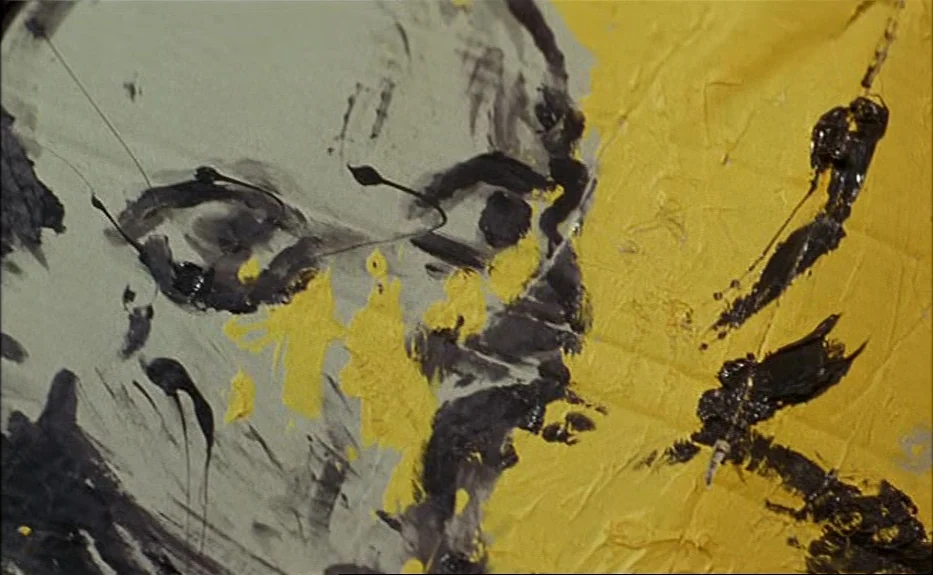 Les Amants Du Pont Neuf (The Lovers on the Bridge) (1991) movie still: closeup — A close-up view of an abstract expressionist painting with thick,…