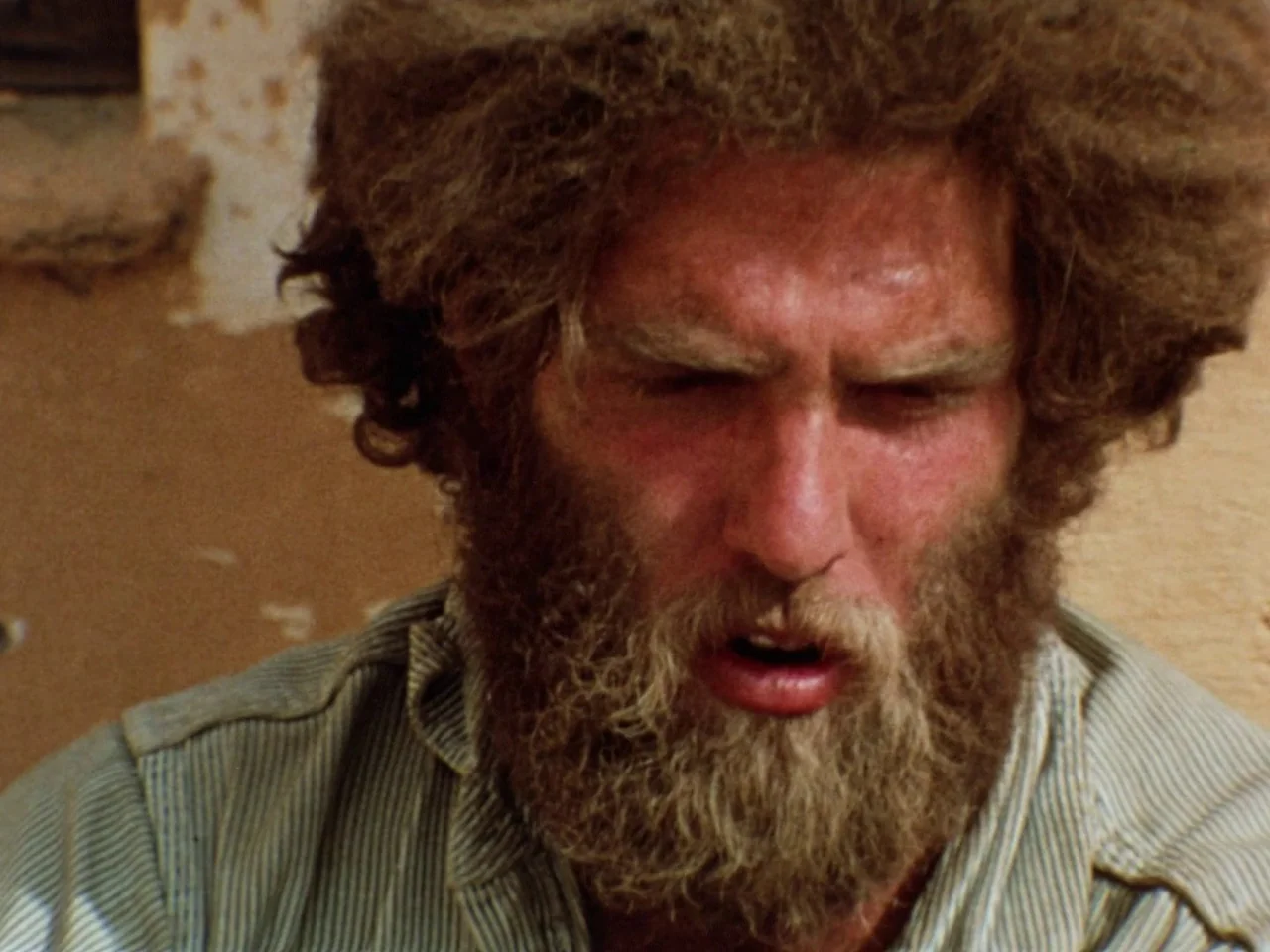 Punishment Park (1971) movie still: closeup — A man with a thick beard and unkempt hair outdoors in a desert landscape. The man is looking down with…