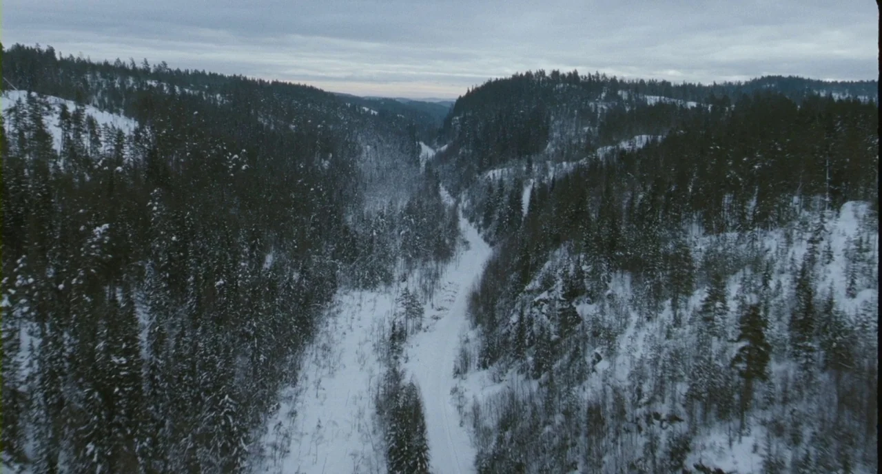 Essential Killing (2010) movie still: establishing — An aerial view of a deep, snow-covered valley lined with dense evergreen forests. Heavy clouds…