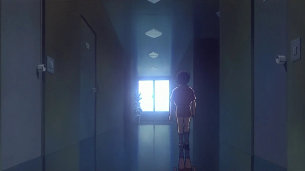 Akira (1988) movie still: fullbody — A dark apartment hallway features multiple closed doors and a polished, reflective floor surface. A child in…