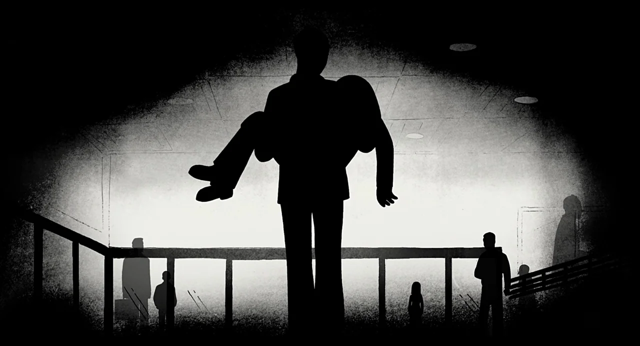 Persepolis (2007) movie still: fullbody — A minimalist, stylized transit station depicted with high contrast and rough, sketchy textures. A man…