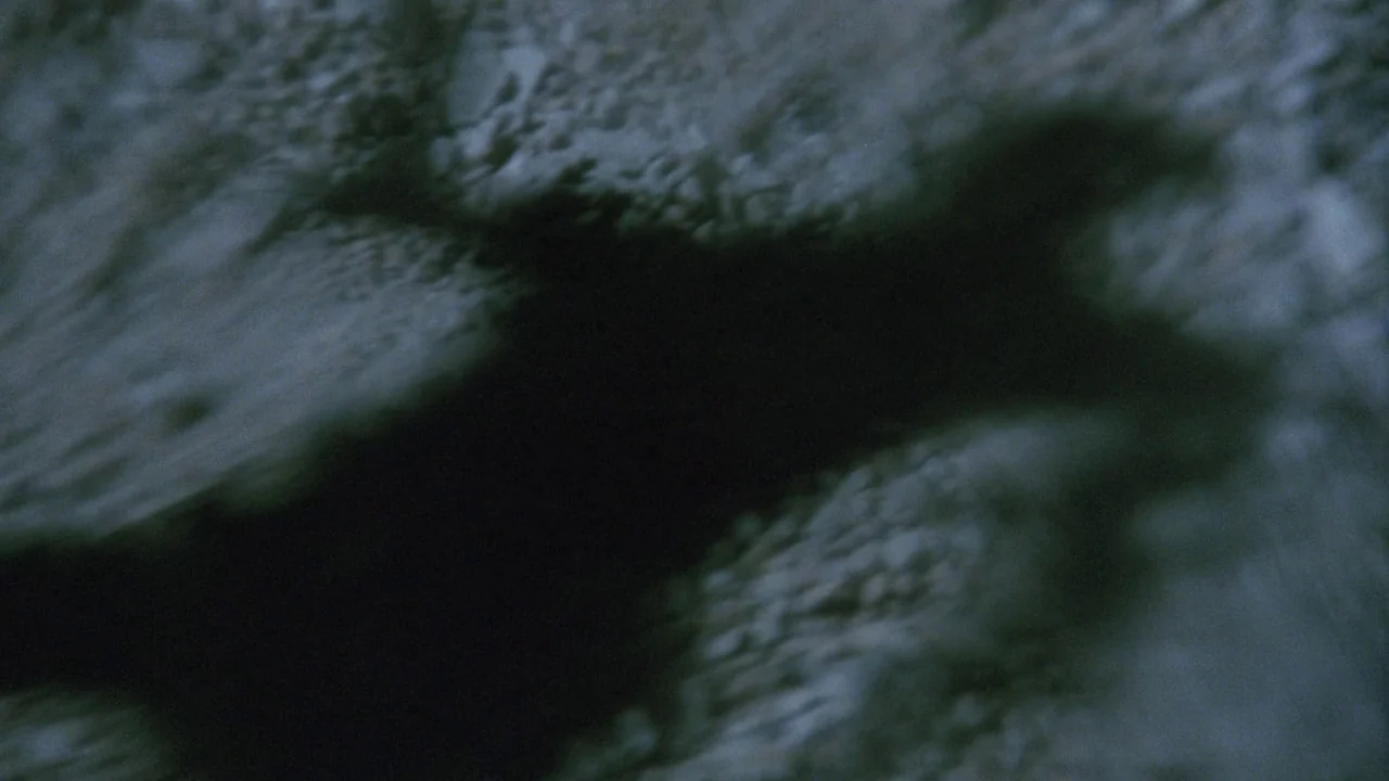 Insignificance (1985) movie still: closeup — A rough, grey, stony surface occupies the entire frame under low light. A distinct, dark silhouette of…