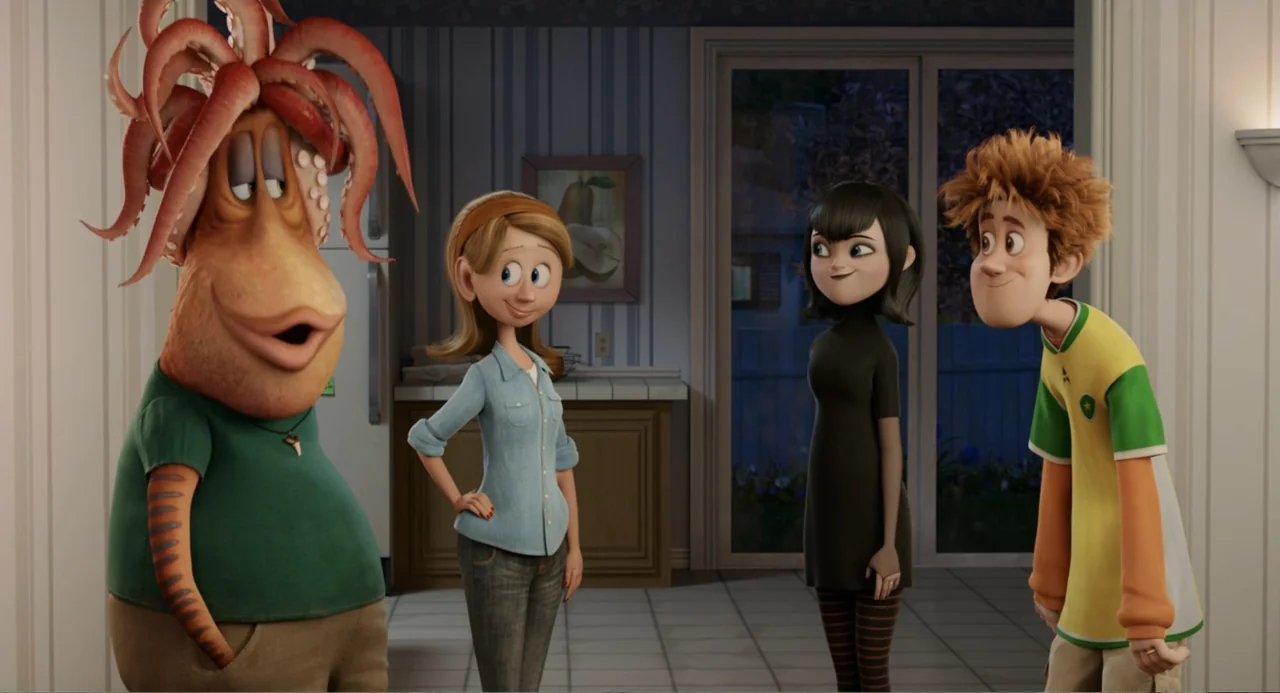 Hotel Transylvania 2 (2015) movie still: medium — A living room features light blue striped wallpaper and a framed pear picture.