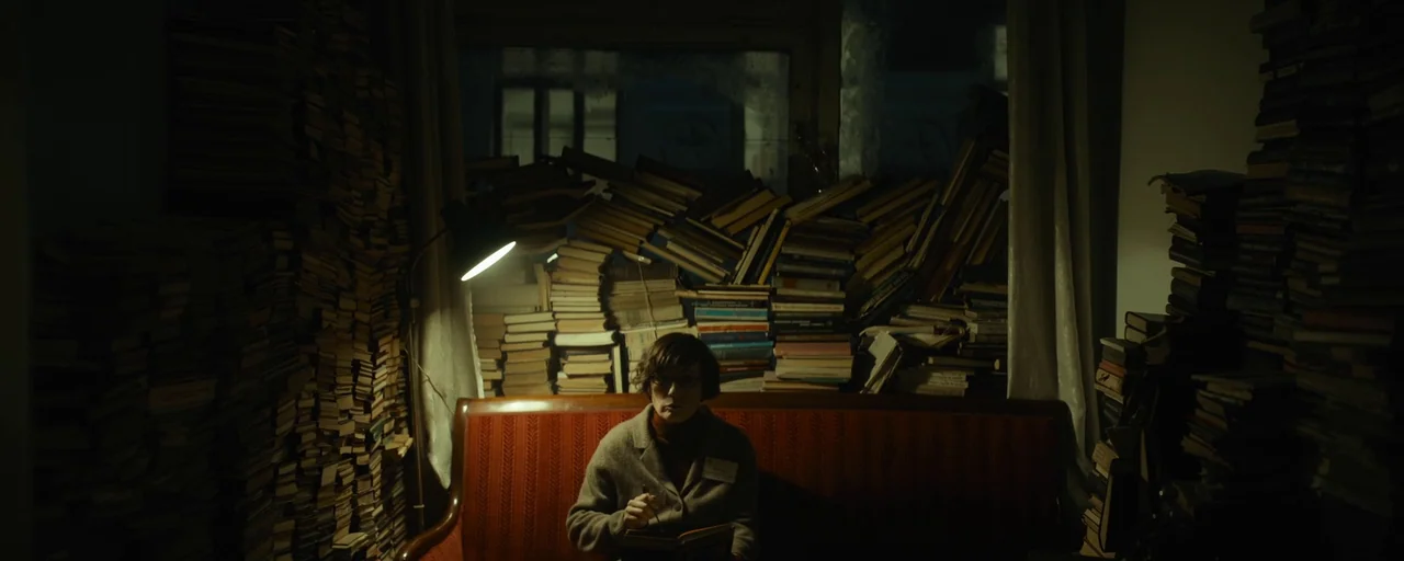 Petrov’s Flu (2021) movie still: medium — A room filled with stacks of books on every available surface including the floor. A woman sits on a red…