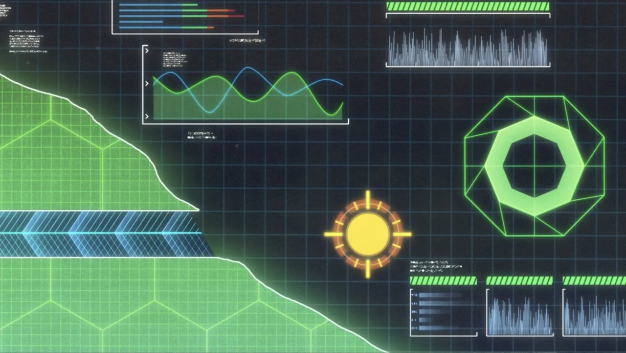 Mazinger Z: Infinity (2017) movie still: establishing — A digital computer interface displays various data charts and glowing geometric shapes. The…