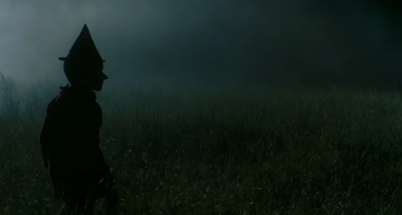 Pinocchio (2022) movie still: medium — A dark, foggy meadow is illuminated by dim, diffuse moonlight against a black background. A small child-like…