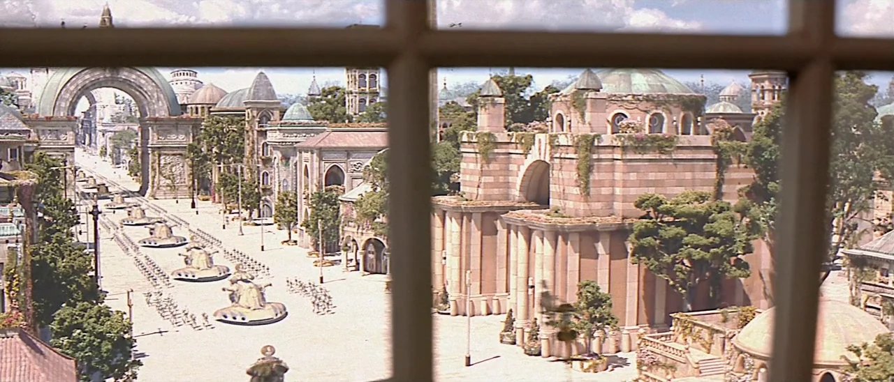 Star Wars: Episode I – The Phantom Menace (1999) movie still: wide — An ornate fantasy city features grand stone arches and domed structures with…