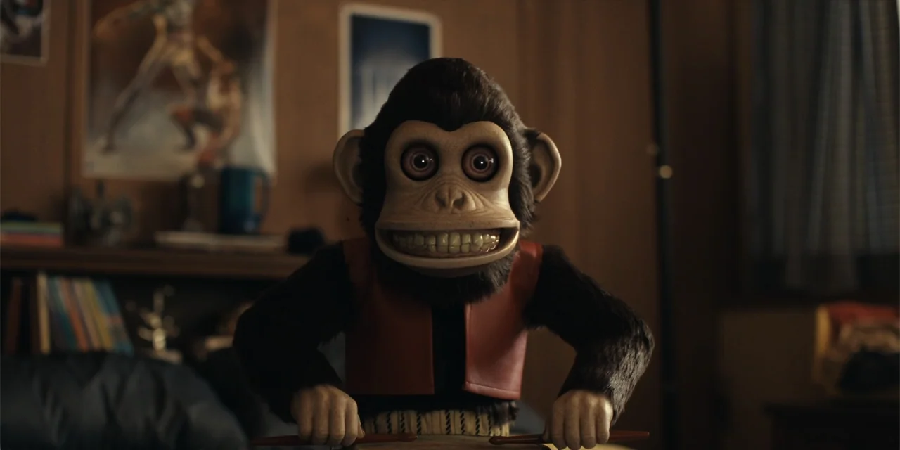 The Monkey (2025) movie still: medium — A dimly lit room features shelves and blurred posters in the background. A mechanical toy monkey sits in the…