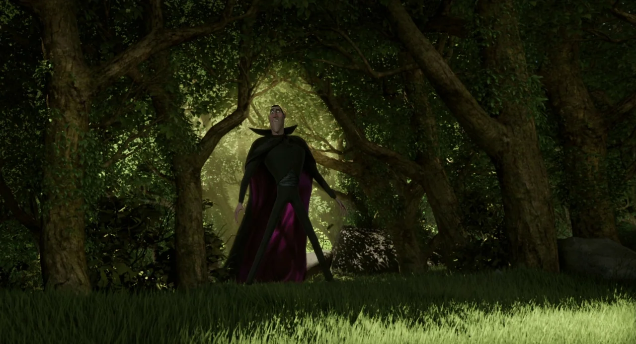 Hotel Transylvania movie still: fullbody — A dense woodland with thick trunks and green leaves frames a central small clearing. A tall, stylized…