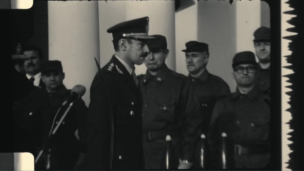 Transfers (2024) movie still: medium — An outdoor formal event shows a military leader standing before a microphone. A group of uniformed officers…