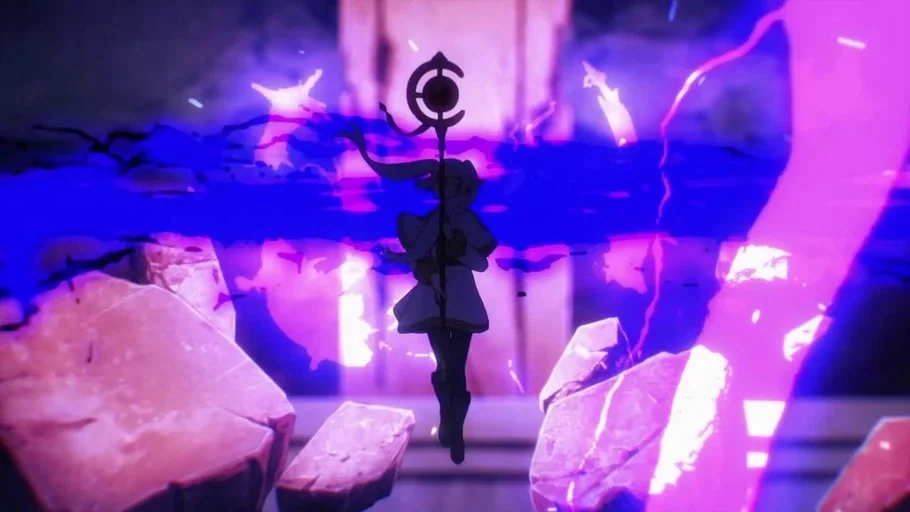 Frieren: Beyond Journey's End (2023) movie still: fullbody — A figure stands in a clearing surrounded by large floating debris and rock fragments. A…