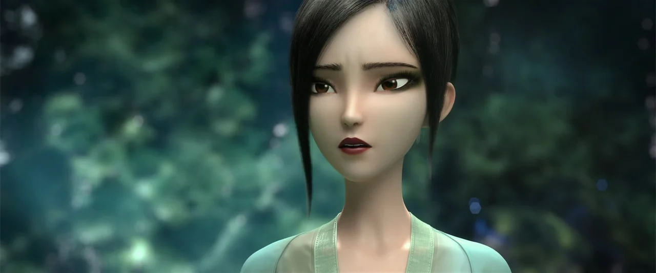 White Snake (2019) movie still: closeup — A stylized 3D character stands in a blurred natural environment filled with green foliage. The young woman…