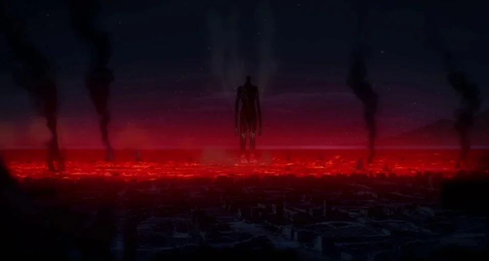 Attack on Titan (2013) movie still: wide — A burning city is engulfed in a sea of glowing red fire at night. A massive, emaciated humanoid stands…