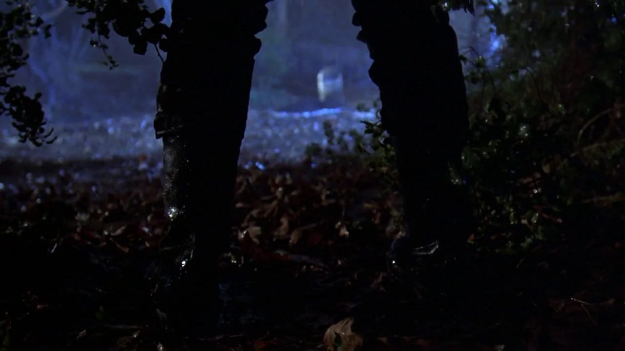 Friday the 13th: A New Beginning (1985) movie still: closeup — A dark, wooded area features a ground covered in dead leaves and shadows. A pair of…