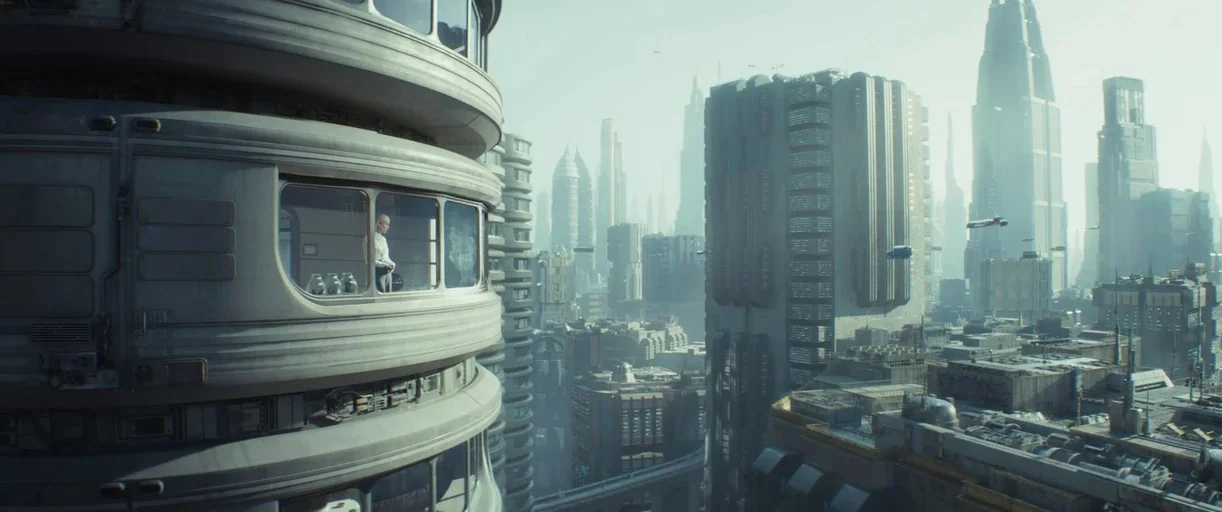 Andor (2022) movie still: wide — A dense, futuristic metropolis with towering modular skyscrapers and flying vehicles in hazy air. An elderly man…
