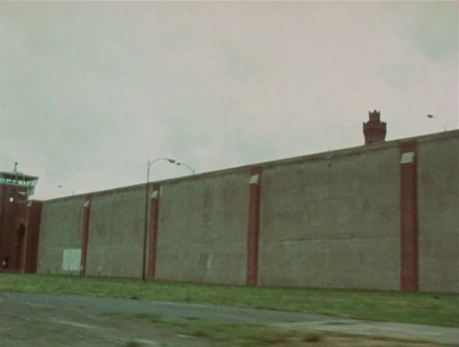 WR: Mysteries of the Organism (1971) movie still: establishing — A long, imposing concrete wall reinforced by red brick pillars surrounds a secure…