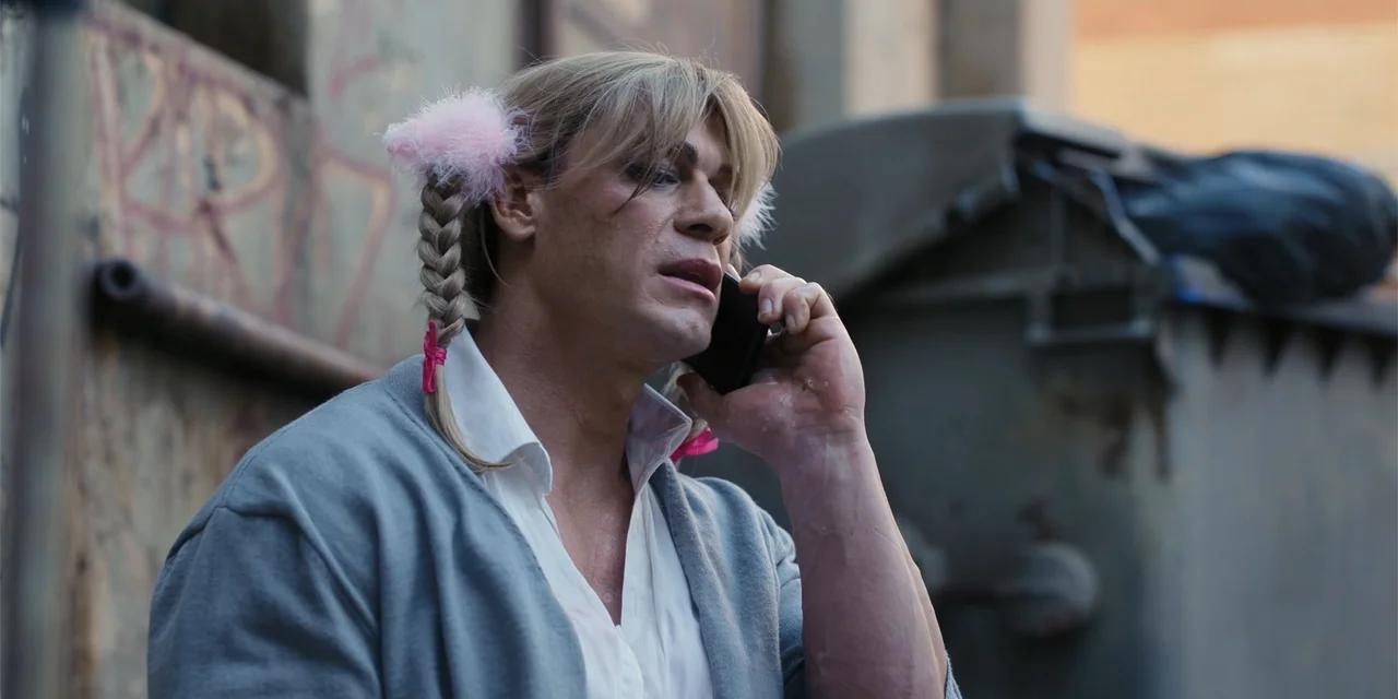 Ricky Stanicky (2024) movie still: medium — A concrete alleyway with graffiti-marked walls and a large industrial waste bin. A man wearing blonde…