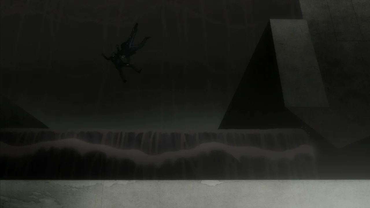 Batman: The Long Halloween, Part Two (2021) movie still: wide — A dark concrete structure features a large spillway with water rushing over the…