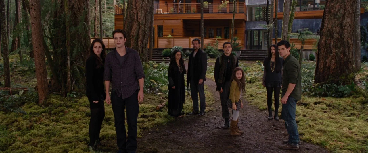 The Twilight Saga: Breaking Dawn – Part 2 (2012) movie still: wide — A group of seven people stands on a mossy, needle-strewn path in a dense…