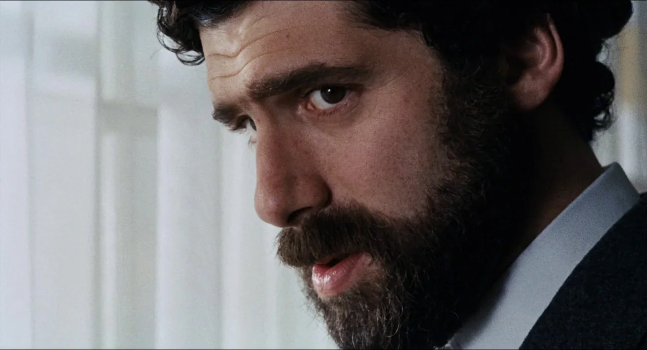 The Touch (1971) movie still: closeup — An interior space with white vertical blinds visible in the background against a window. A man with a dark…